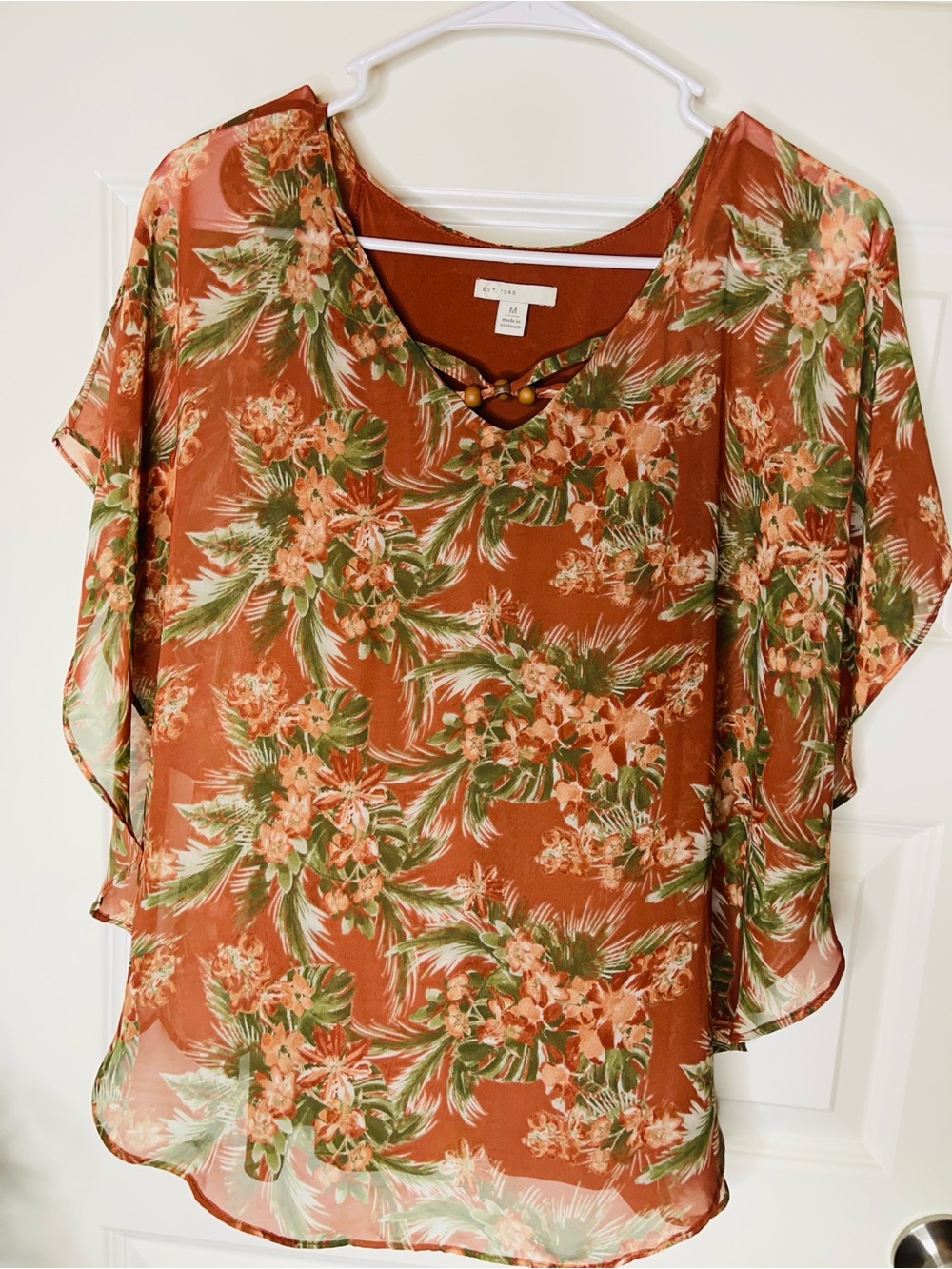 Cato | Rust Floral V-Neck Flutter Sleeve Tunic with Bead Detail